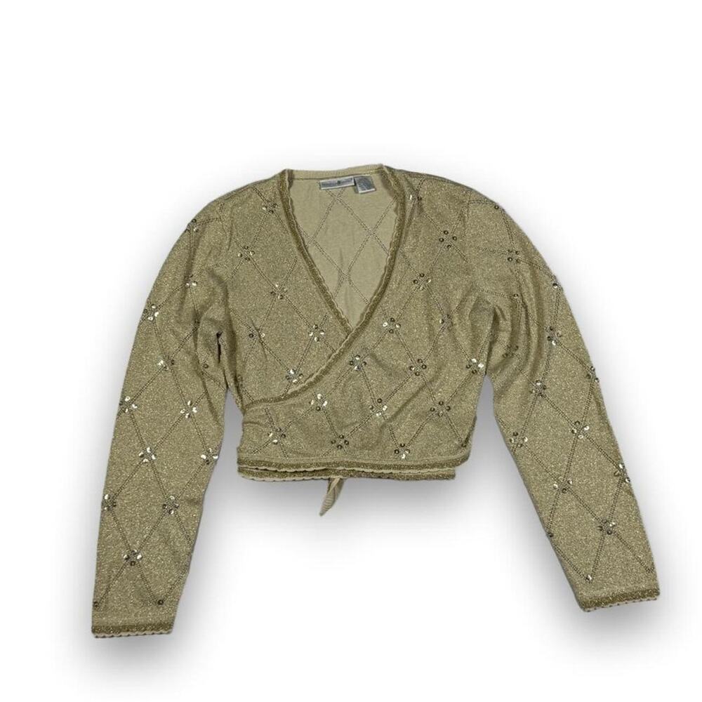 Preswick & Moore Silk Blend Gold Metallic Sequin Crop Wrap Cardigan L